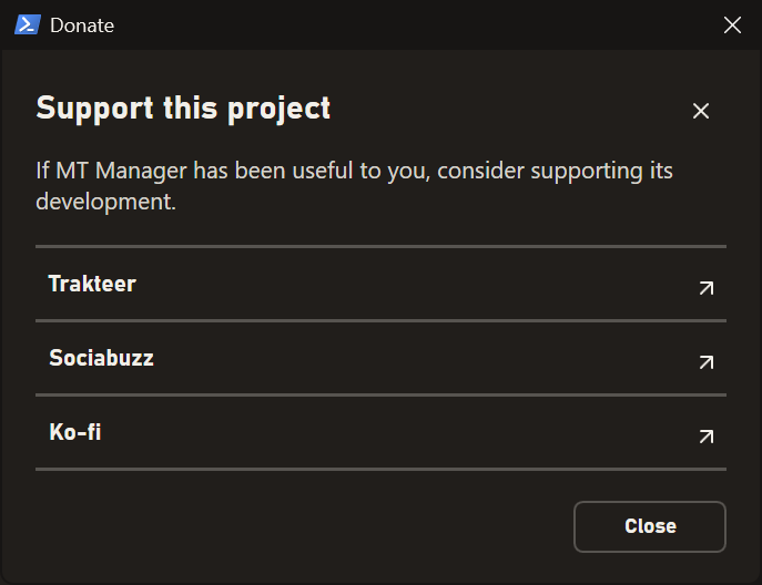 The Donate window inside MT Manager listing the three support options