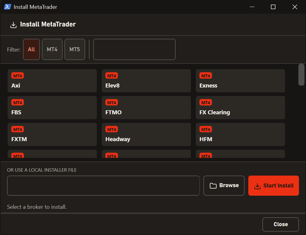 Install MetaTrader window with the broker list