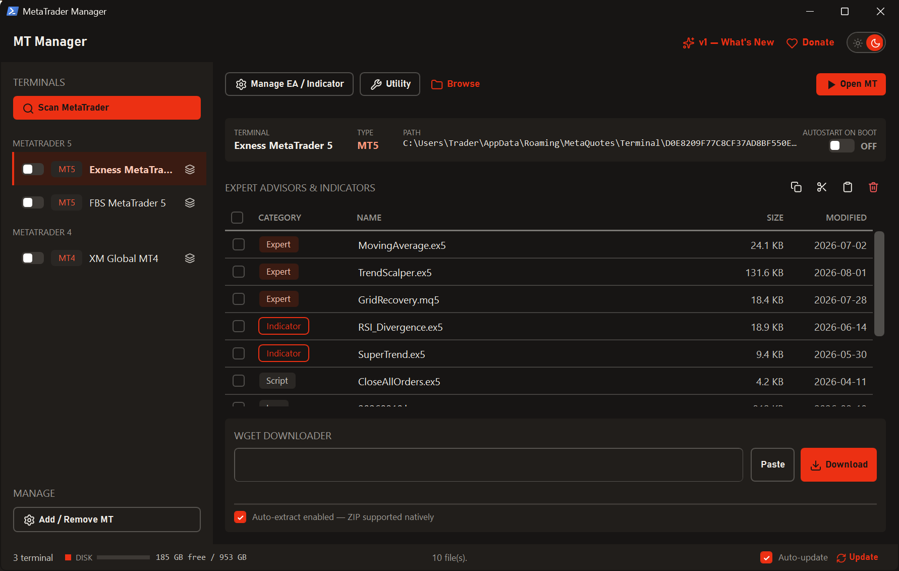 Terminal list and the categorised file table