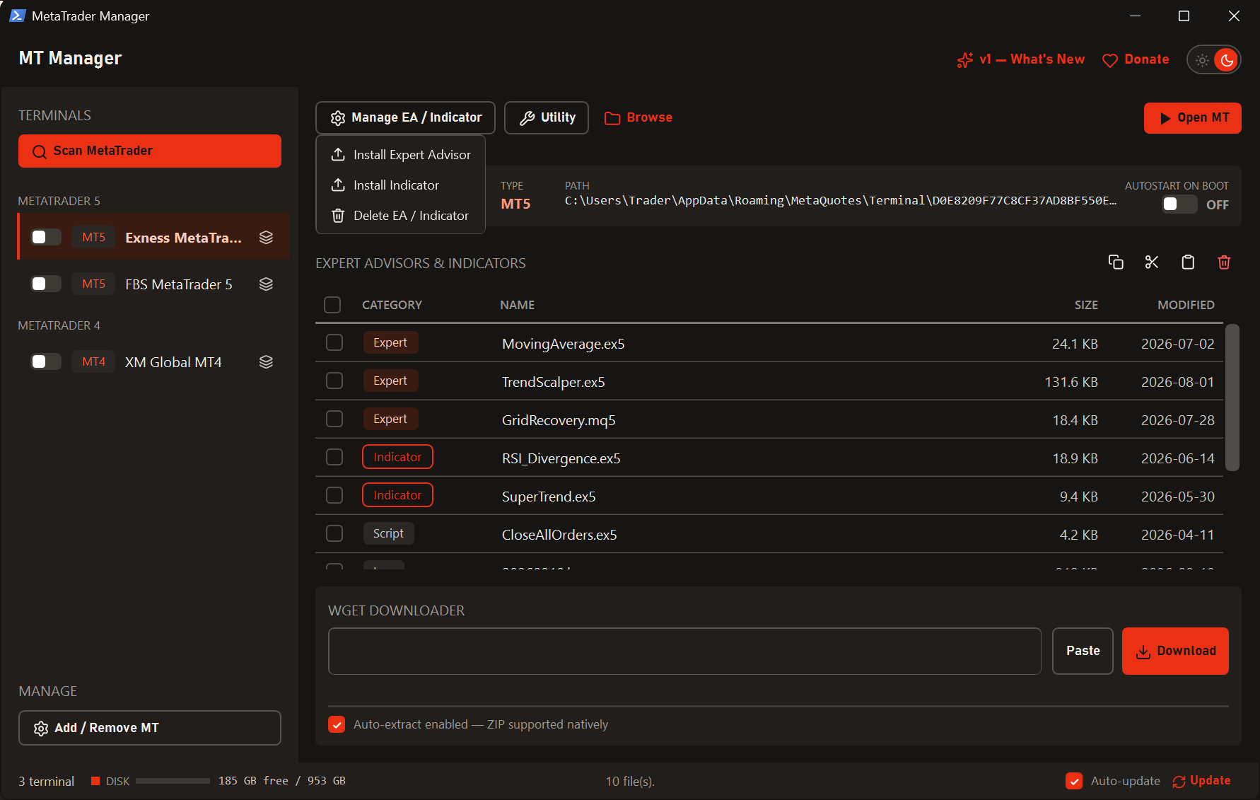 Manage EA / Indicator menu open