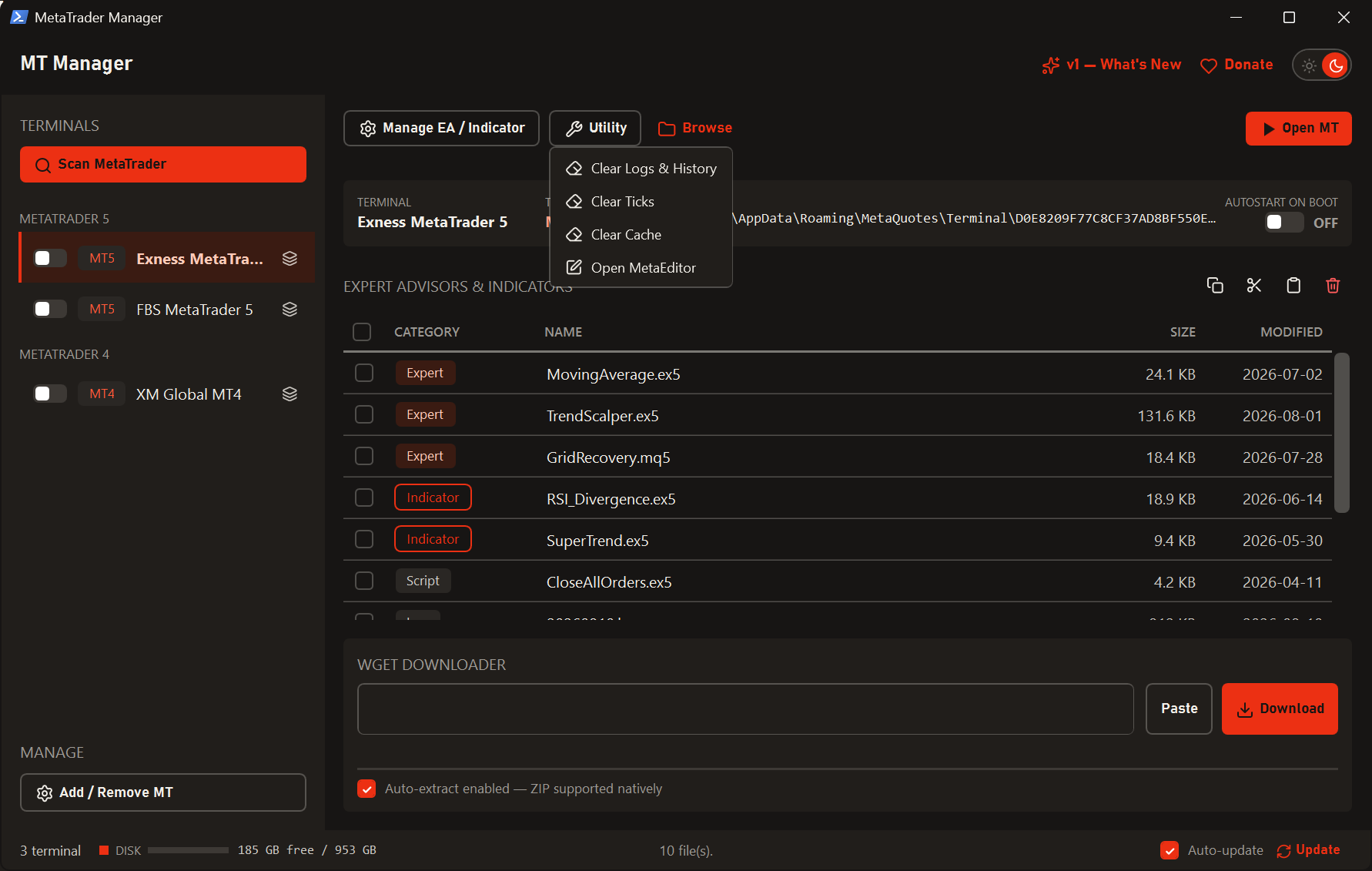 Utility menu with the clear options