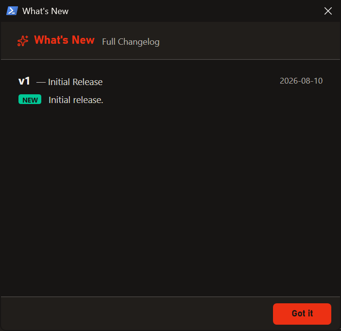 The What's New window listing release notes